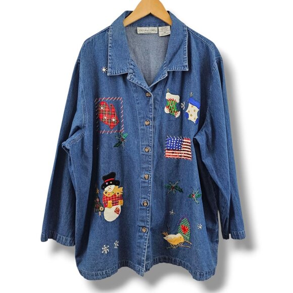 Vintage Victoria Jones Woman Denim Shirt 3X Holiday Christmas Patriotic Appliqué - Picture 1 of 15